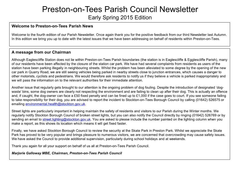 Preston-On-Tees Parish Council Newsletter Early Spring 2015 Edition Welcome to Preston-On-Tees Parish News