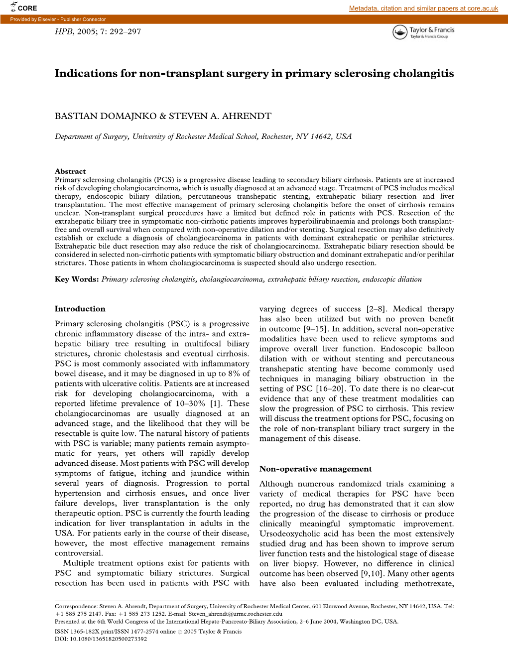 Indications for Non‐Transplant Surgery in Primary Sclerosing Cholangitis