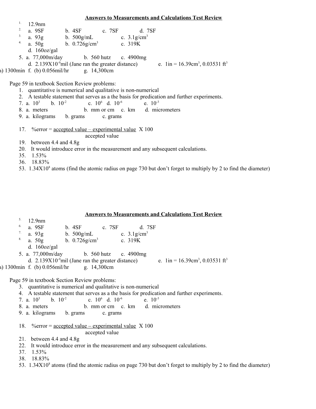 Answers to Measurements and Calculations Test Review