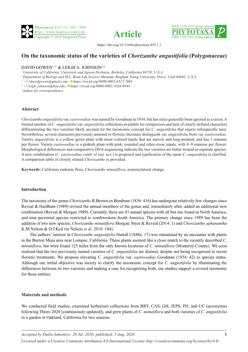 On the Taxonomic Status of the Varieties of Chorizanthe Angustifolia (Polygonaceae)