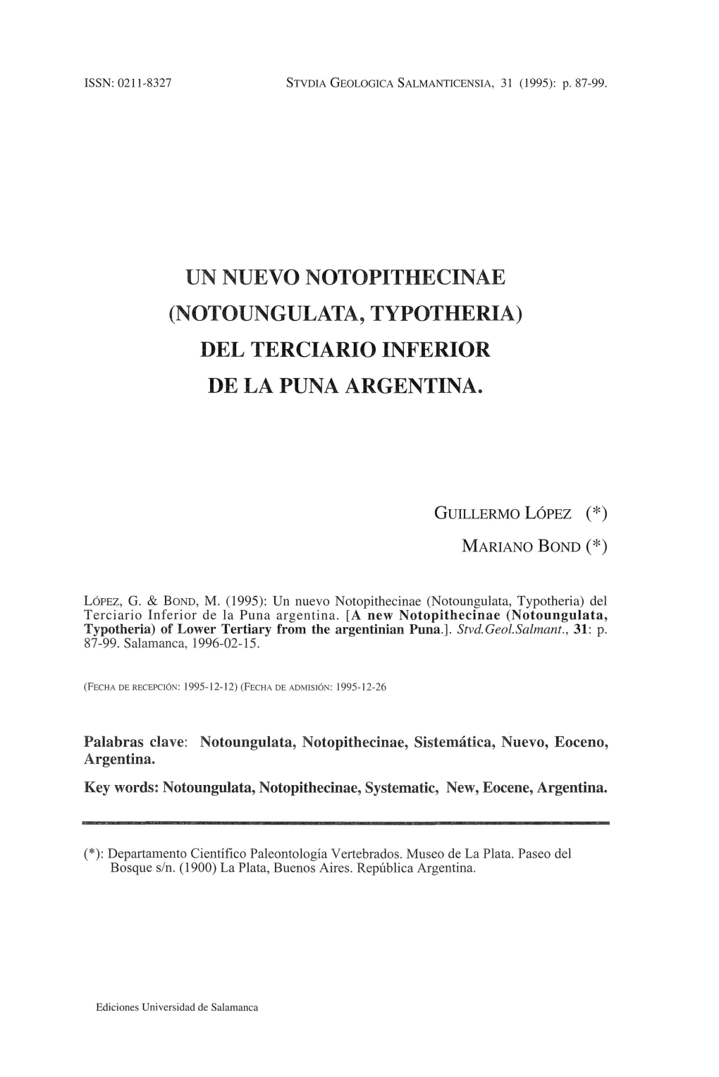 Un Nuevo Notopithecinae (Notoungulata, Typotheria) Del Terciario Inferior De La Puna Argentina