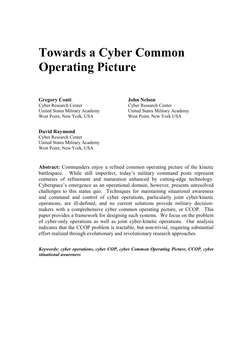 Towards a Cyber Common Operating Picture