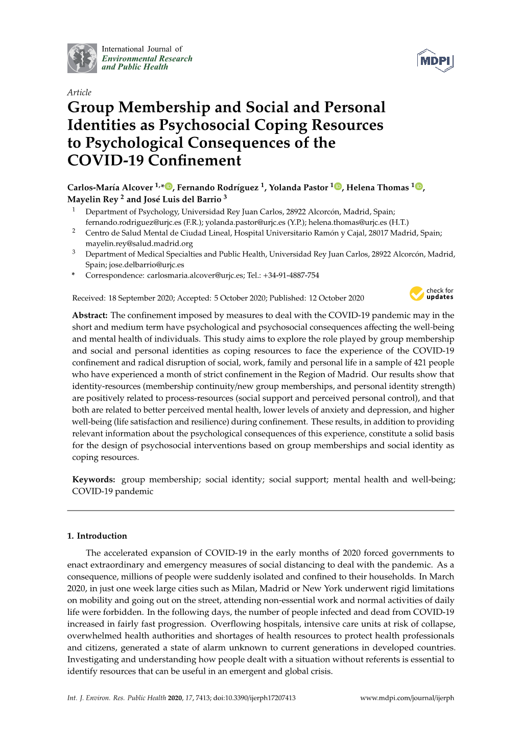 Group Membership and Social and Personal Identities As Psychosocial Coping Resources to Psychological Consequences of the COVID-19 Conﬁnement