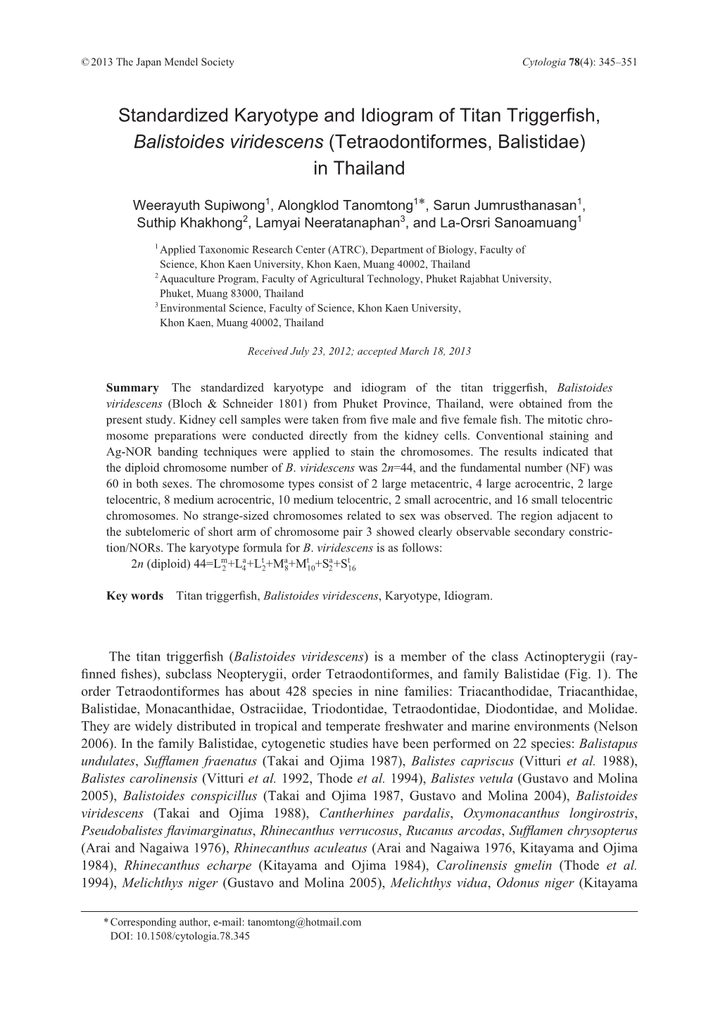 Standardized Karyotype and Idiogram of Titan Triggerfish, Balistoides