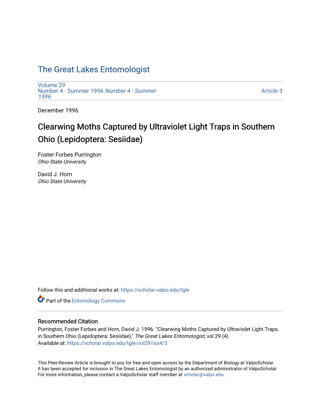 Clearwing Moths Captured by Ultraviolet Light Traps in Southern Ohio (Lepidoptera: Sesiidae)