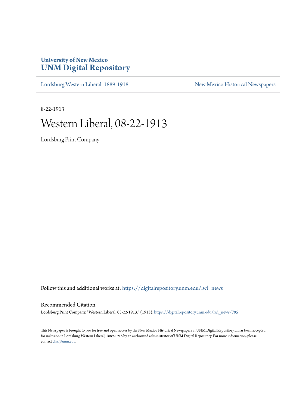 Western Liberal, 08-22-1913 Lordsburg Print Company