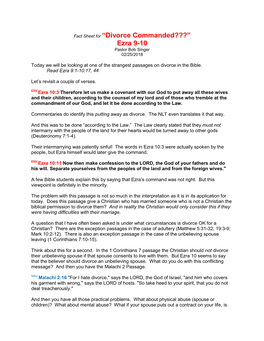 Fact Sheet for “Divorce Commanded???” Ezra 9-10 Pastor Bob Singer 02/25/2018