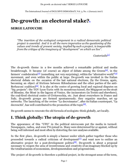 De-Growth: an Electoral Stake? SERGE LATOUCHE
