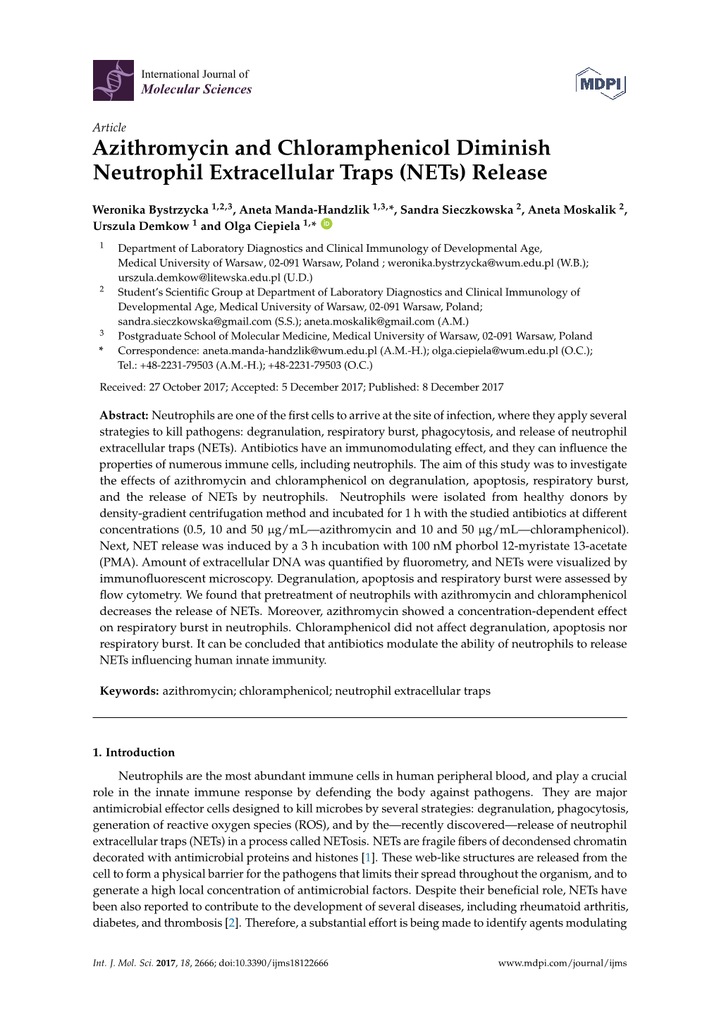 Azithromycin and Chloramphenicol Diminish Neutrophil Extracellular