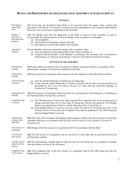 Rules and Procedures of the Legislative Assembly of Saskatchewan