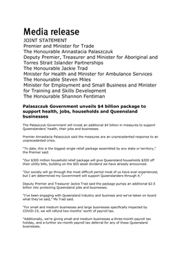 JOINT STATEMENT Premier and Minister for Trade the Honourable