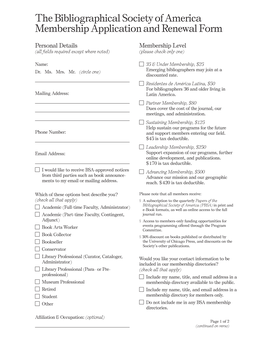 The Bibliographical Society of America Membership Application and Renewal Form