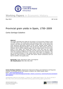 Provincial Grain Yields in Spain, 1750-2009