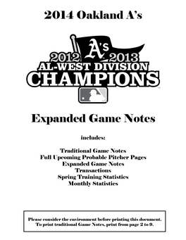 2014 Oakland A's Expanded Game Notes