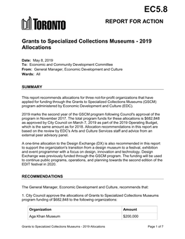 Grants to Specialized Collections Museums - 2019 Allocations