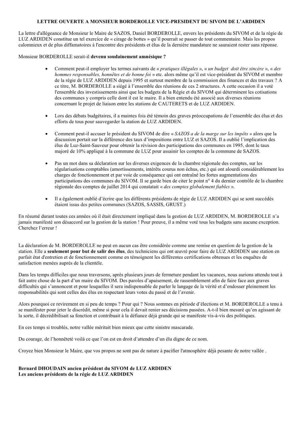 Lettre Ouverte a Monsieur Borderolle Vice-President Du Sivom De L’Ardiden