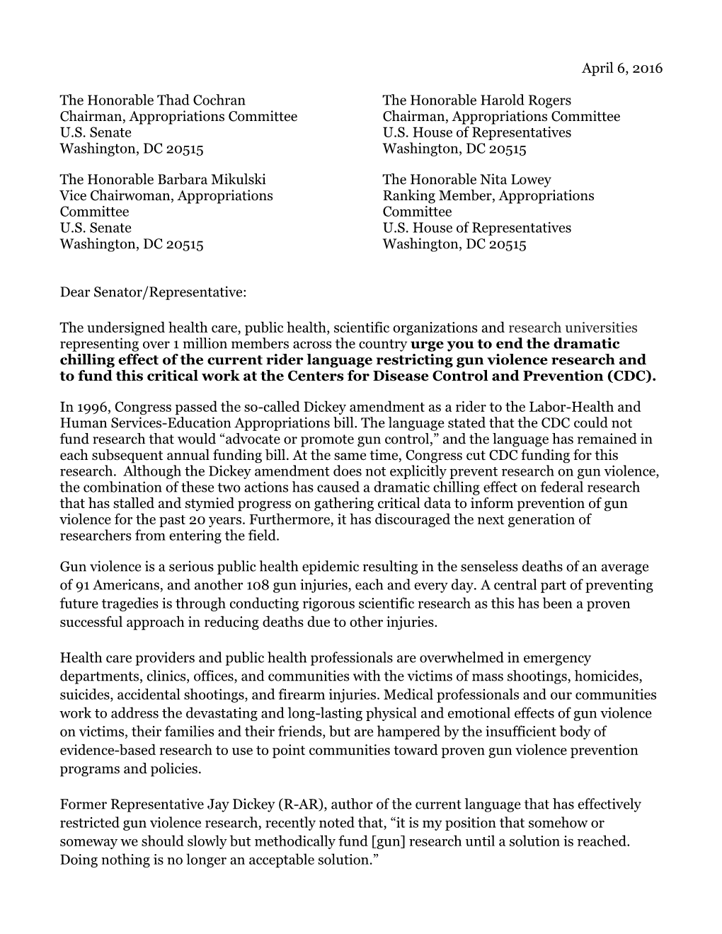 Joint Letter Calling for End to Ban on Gun Violence Research