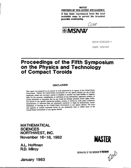Proceedings of the Fifth Symposium on the Physics and Technology of Compact Toroids November 16-18, 1982 Mastffl
