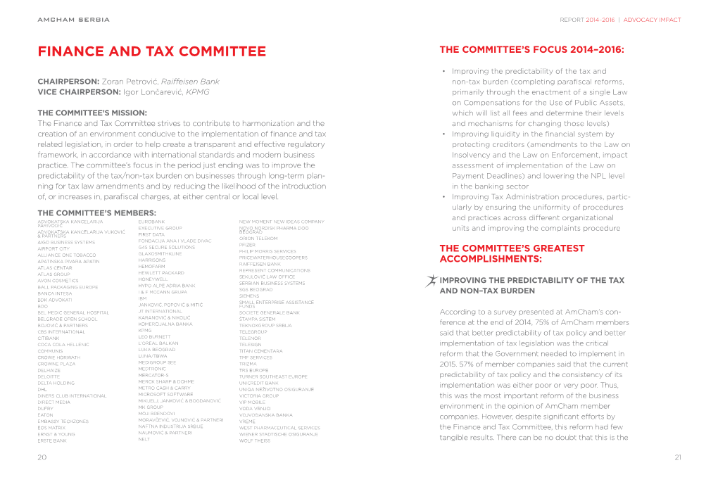 Finance and Tax Committee the Committee’S Focus 2014–2016