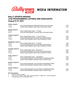 BALLY SPORTS INDIANA LIVE PROGRAMMING LISTINGS and HIGHLIGHTS August 8-15, 2021