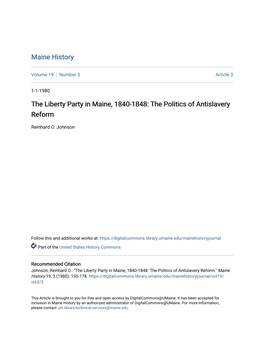 The Liberty Party in Maine, 1840-1848: the Politics of Antislavery Reform
