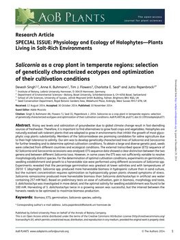 Salicornia As a Crop Plant in Temperate Regions: Selection of Genetically Characterized Ecotypes and Optimization of Their Cultivation Conditions Downloaded From