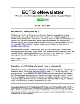 ECTIS Enewsletter Information from the European Centre for Transnational Integration Studies