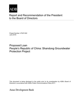 Report and Recommendation of the President to the Board of Directors Proposed Loan People's Republic of China