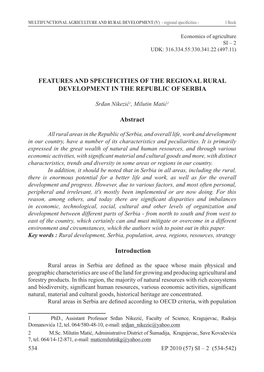 Features and Specificities of the Regional Rural Development in the Republic of Serbia