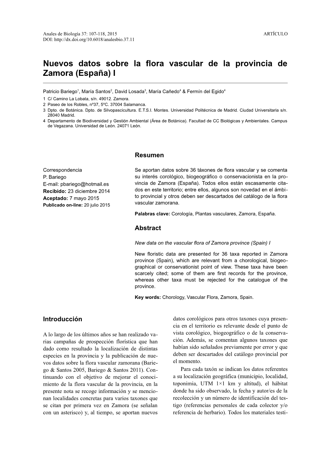 Nuevos Datos Sobre La Flora Vascular De La Provincia De Zamora (España) I