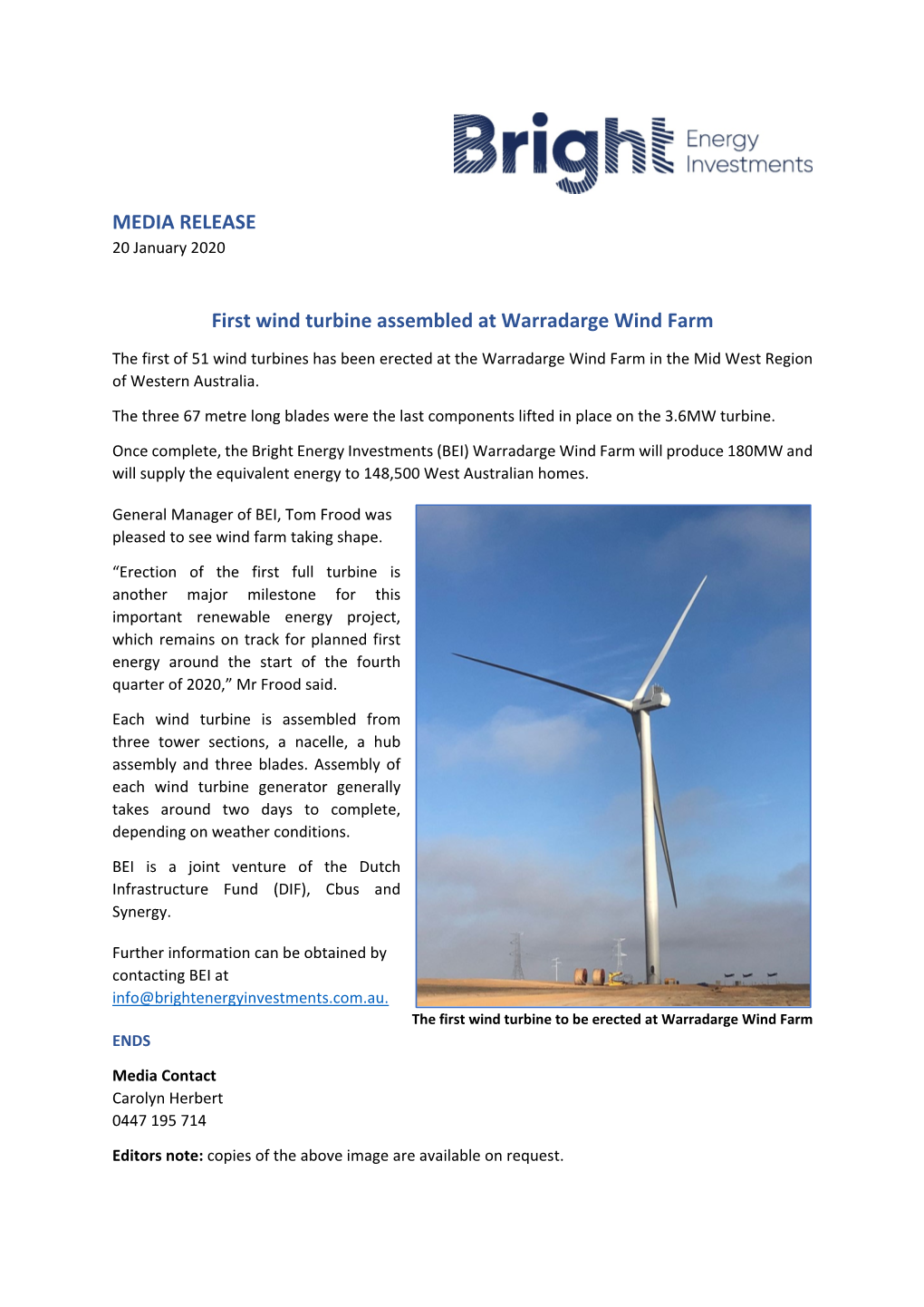 First Turbine Assembled at Warradarge Wind Farm