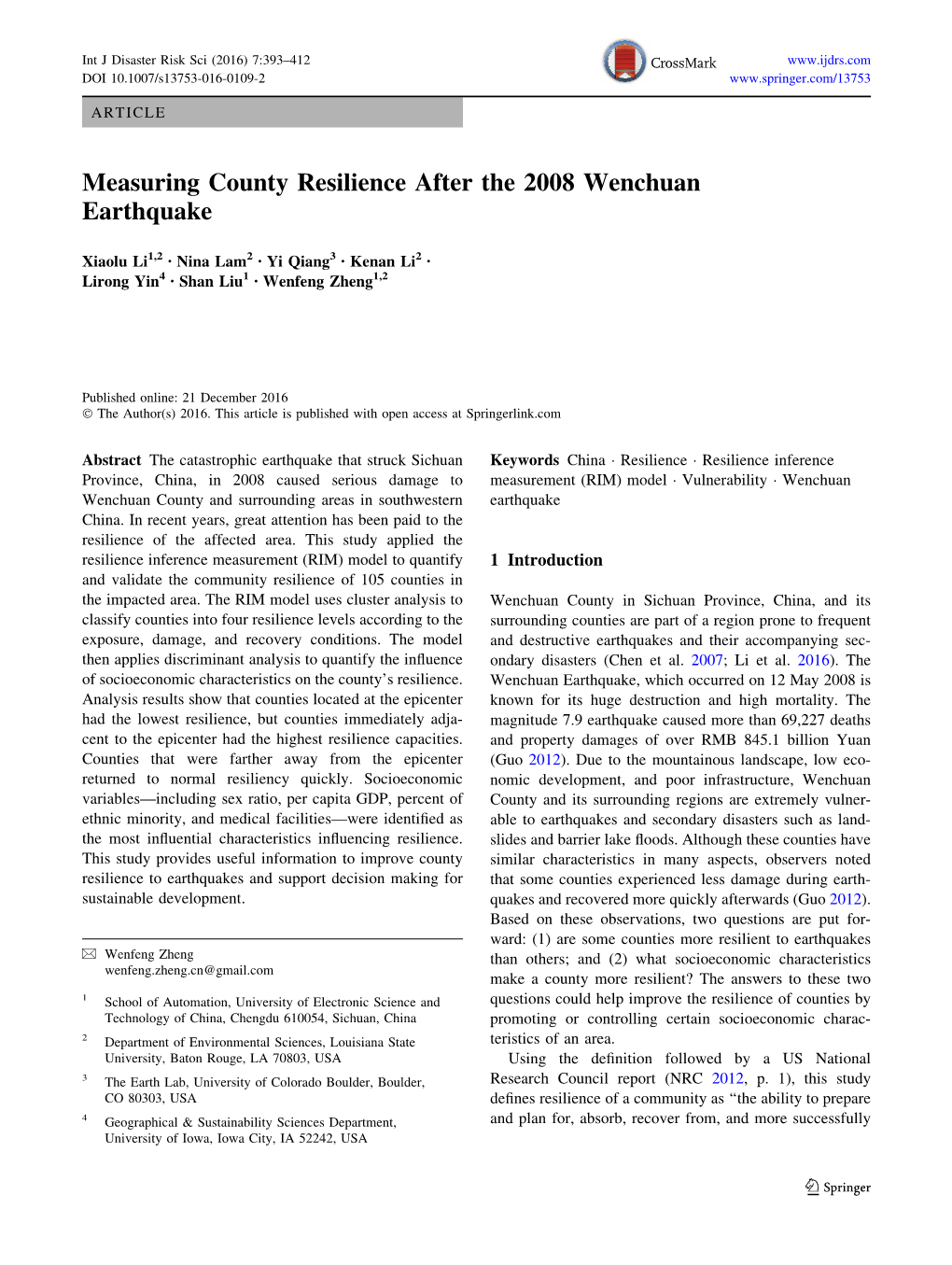 Measuring County Resilience After the 2008 Wenchuan Earthquake