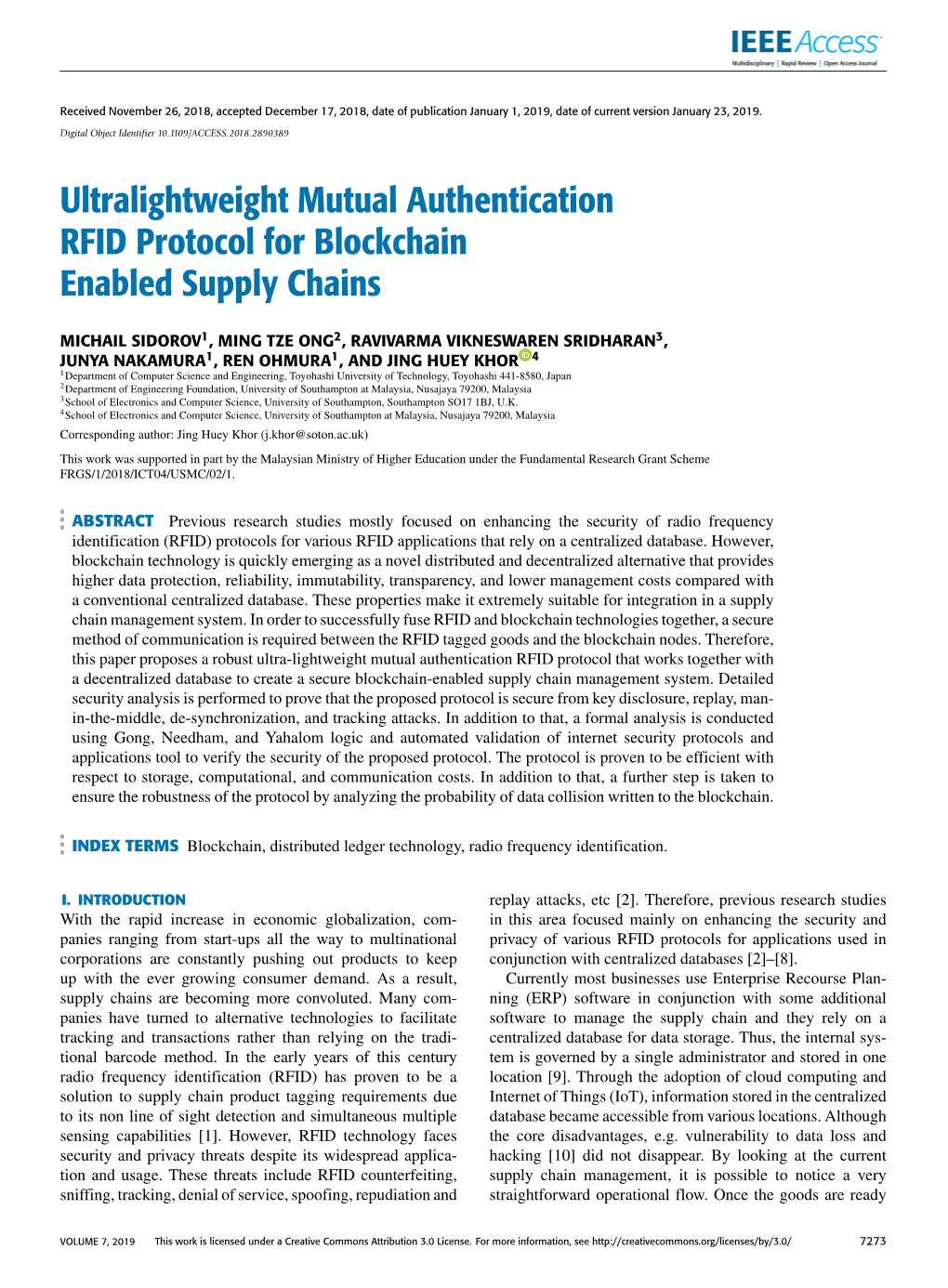 Ultralightweight Mutual Authentication RFID Protocol for Blockchain Enabled Supply Chains