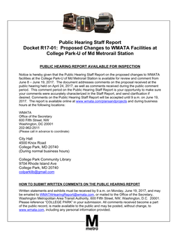 Public Hearing Staff Report Docket R17-01: Proposed Changes to WMATA Facilities at College Park-U of Md Metrorail Station
