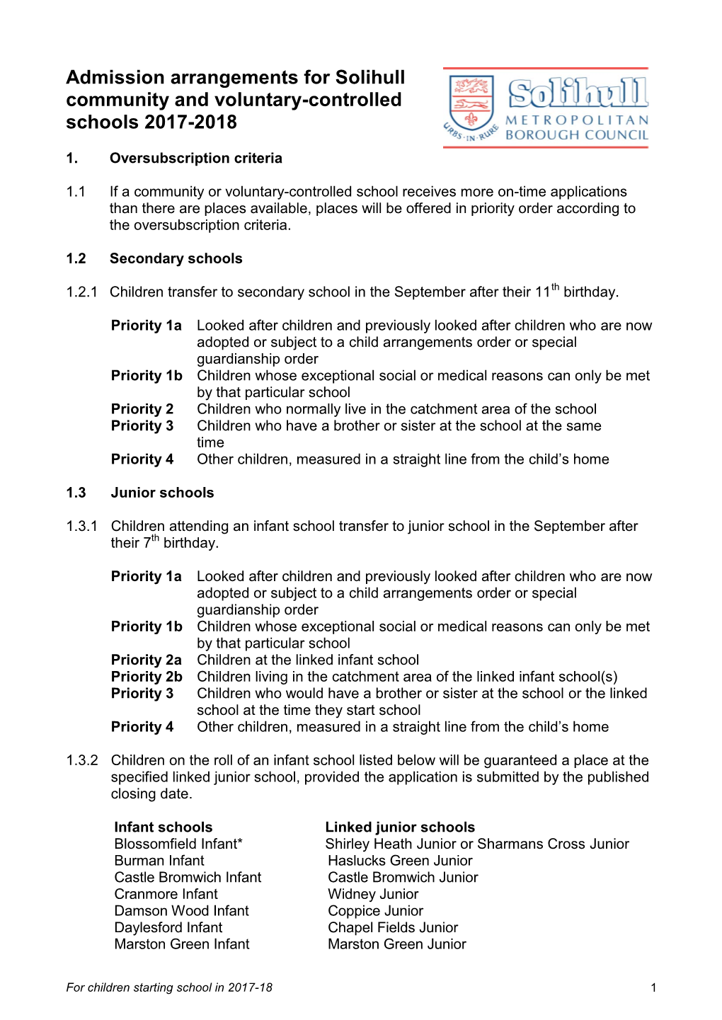 Admission Arrangements for Solihull Community and Voluntary-Controlled Schools 2017-2018