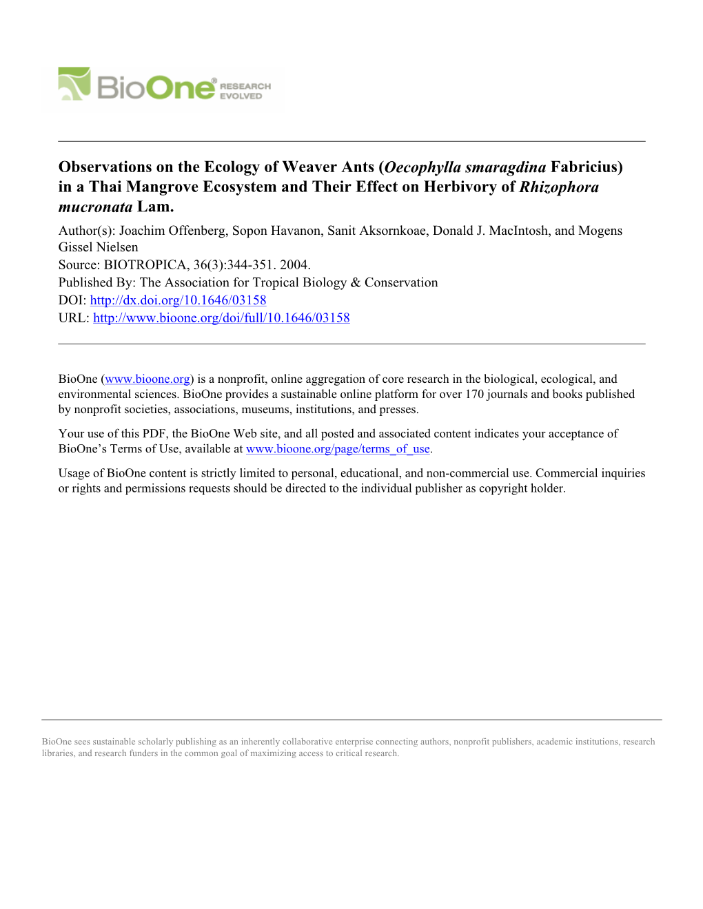 (Oecophylla Smaragdina Fabricius) in a Thai Mangrove Ecosystem and Their Effect on Herbivory of Rhizophora Mucronata Lam