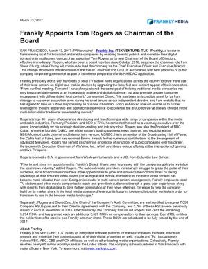 Frankly Appoints Tom Rogers As Chairman of the Board