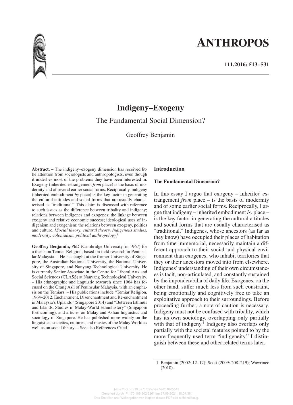 Indigeny–Exogeny the Fundamental Social Dimension?