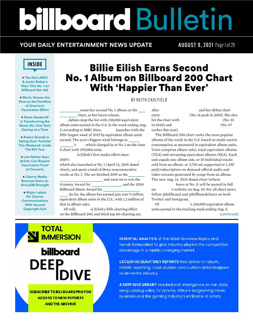 Billie Eilish Earns Second No. 1 Album on Billboard 200 Chart With