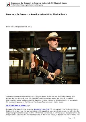 Francesco De Gregori: in America to Revisit My Musical Roots Published on Iitaly.Org (