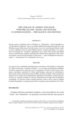The Linkage of Ammon and Moab with Pre-Islamic Arabs and Muslims in Jewish Sources — Prevalence and Motives∗