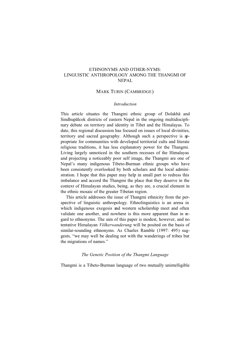 Ethnonyms and Other-Nyms: Linguistic Anthropology Among the Thangmi of Nepal