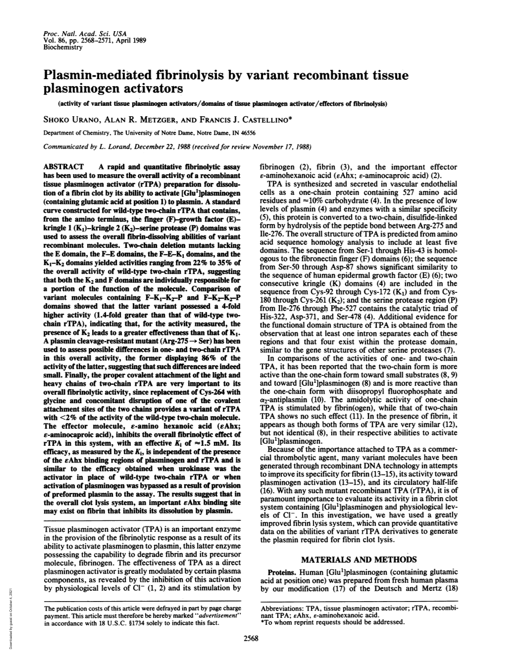 Plasminogen Activators (Activity of Variant Tissue Plasminogen Activators/Domains of Tissue Plasminogen Activator/Effectors of Fibrinolysis) SHOKO URANO, ALAN R