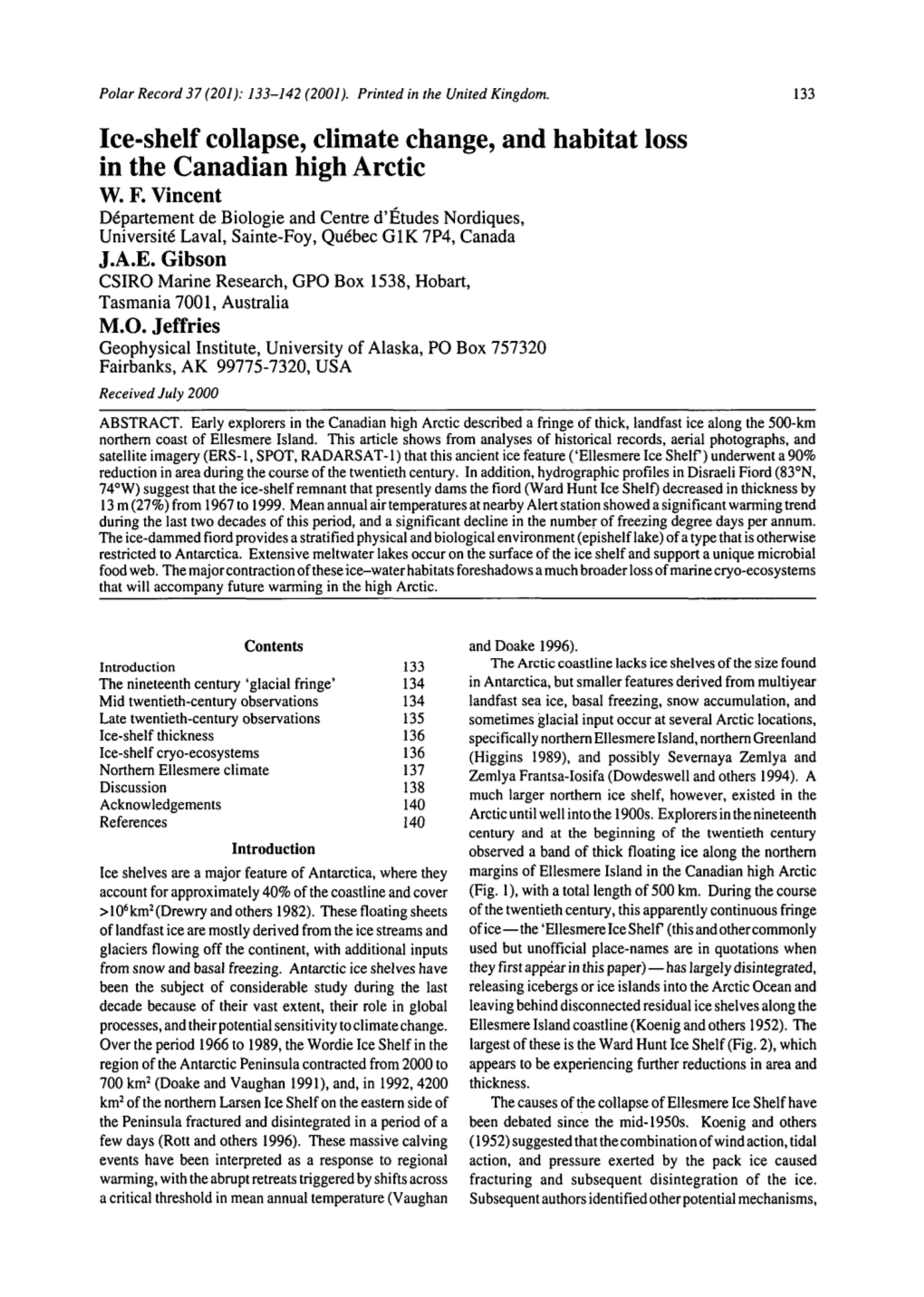 Ice-Shelf Collapse, Climate Change, and Habitat Loss in the Canadian High Arctic W