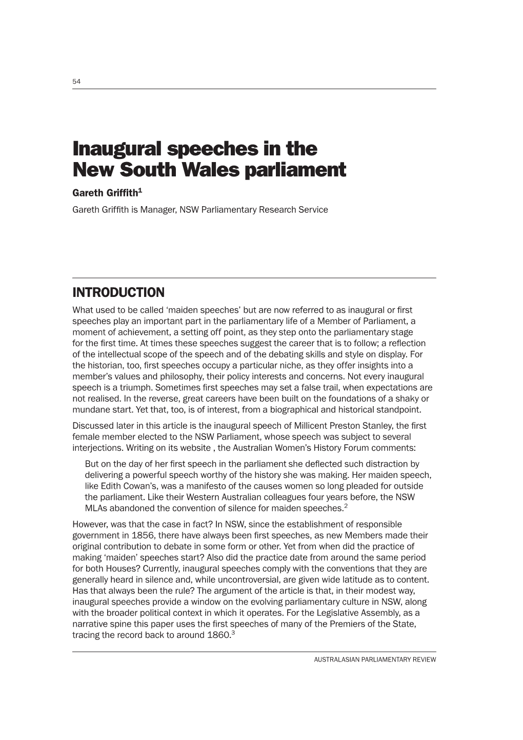 Inaugural Speeches in the New South Wales Parliament Gareth Grifﬁth 1 *DUHWK*ULIÀWKLV0DQDJHU16:3DUOLDPHQWDU\5HVHDUFK6HUYLFH