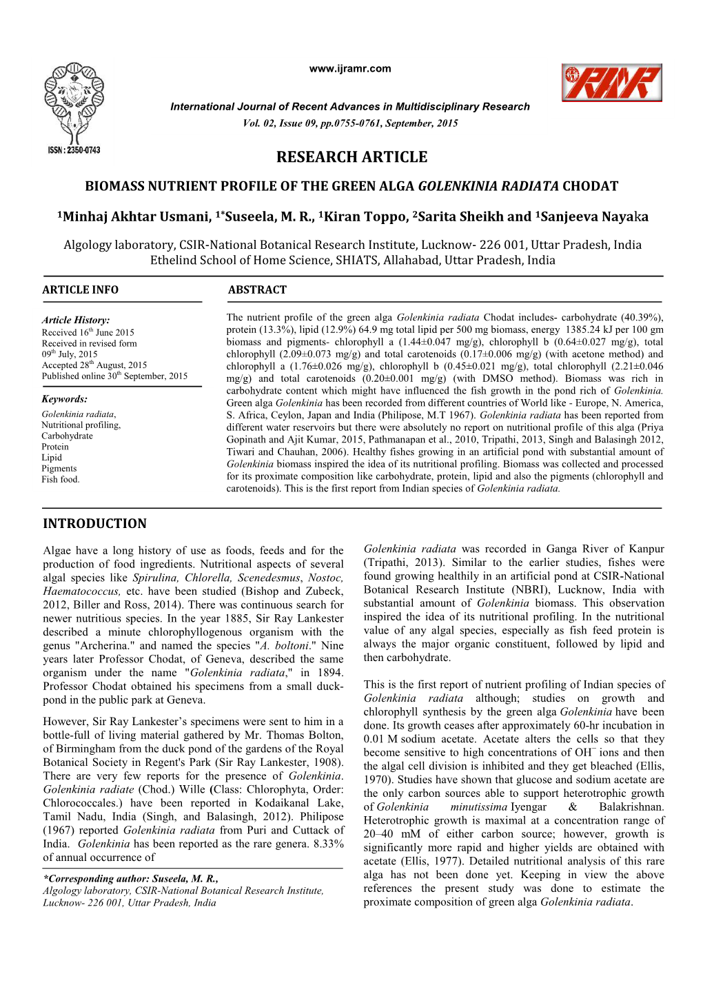 Research Article Biomass Nutrient Profile of the Green Alga Golenkinia Radiata Chodat