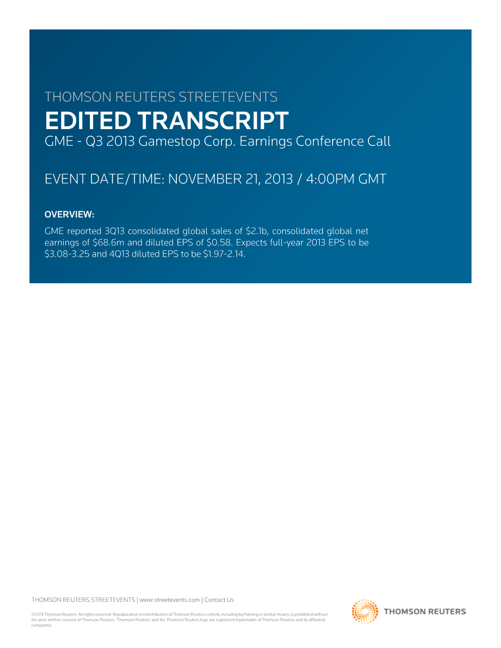 Q3 2013 Gamestop Corp. Earnings Conference Call EVENT DATE/TIME