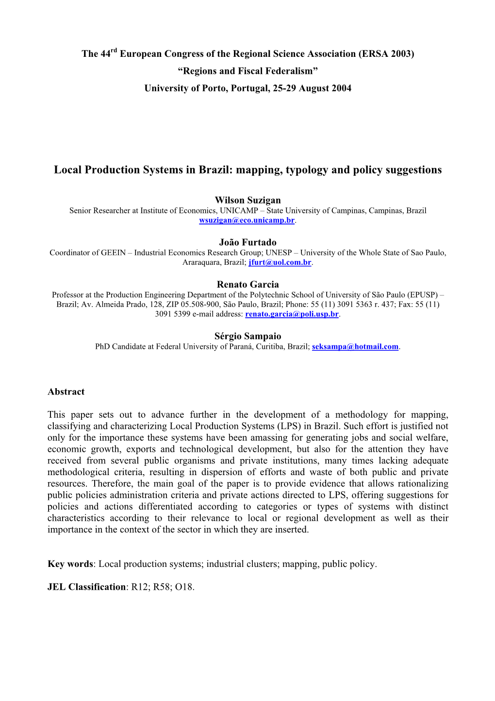 Local Production Systems in Brazil: Mapping, Typology and Policy Suggestions