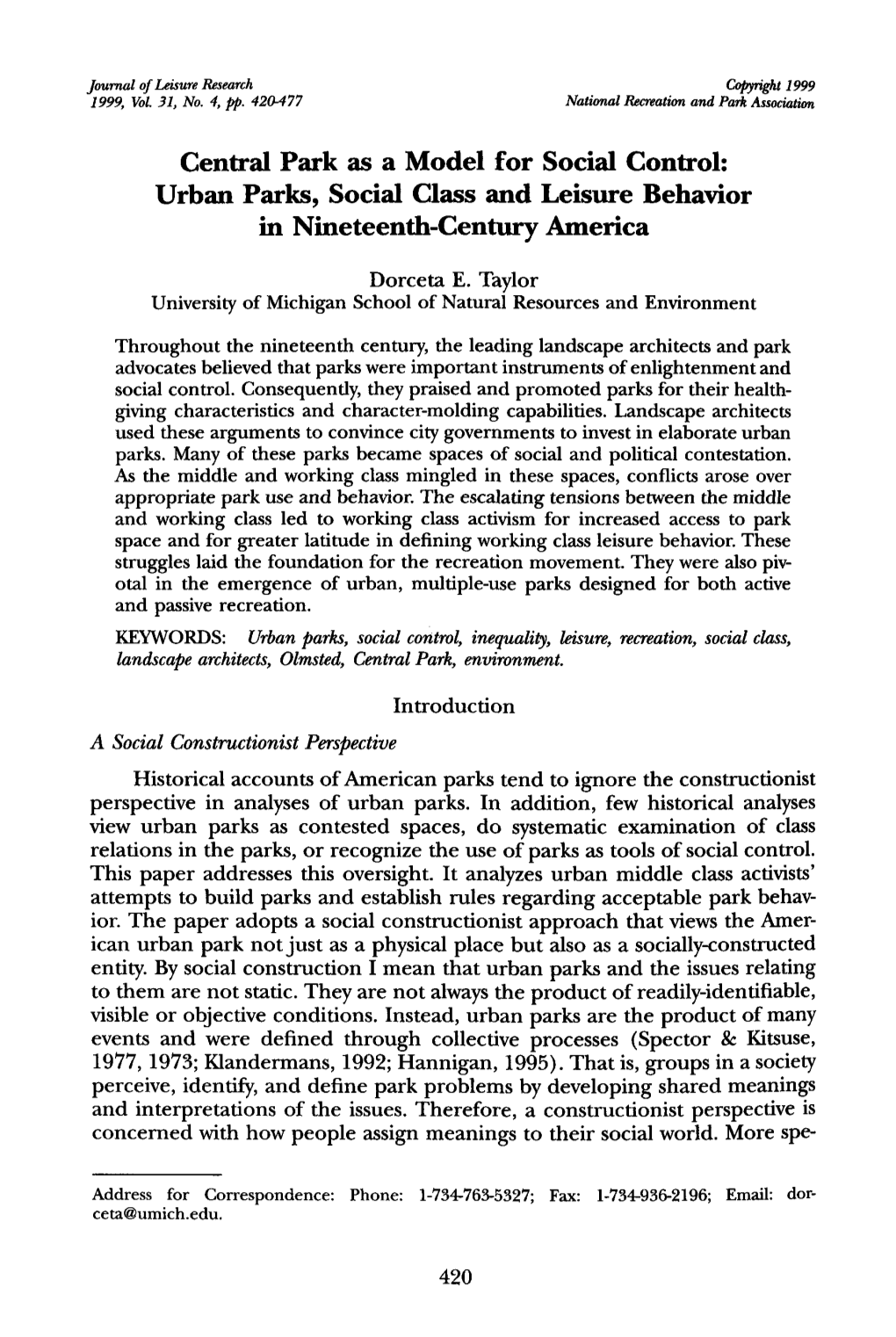 Central Park As a Model for Social Control: Urban Parks, Social Class and Leisure Behavior in Nineteenth-Century America