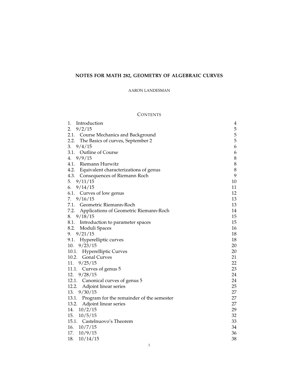 Notes for Math 282, Geometry of Algebraic Curves